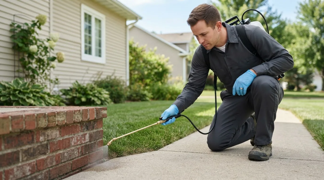 Pest control technician treating a home near Anthony, KS